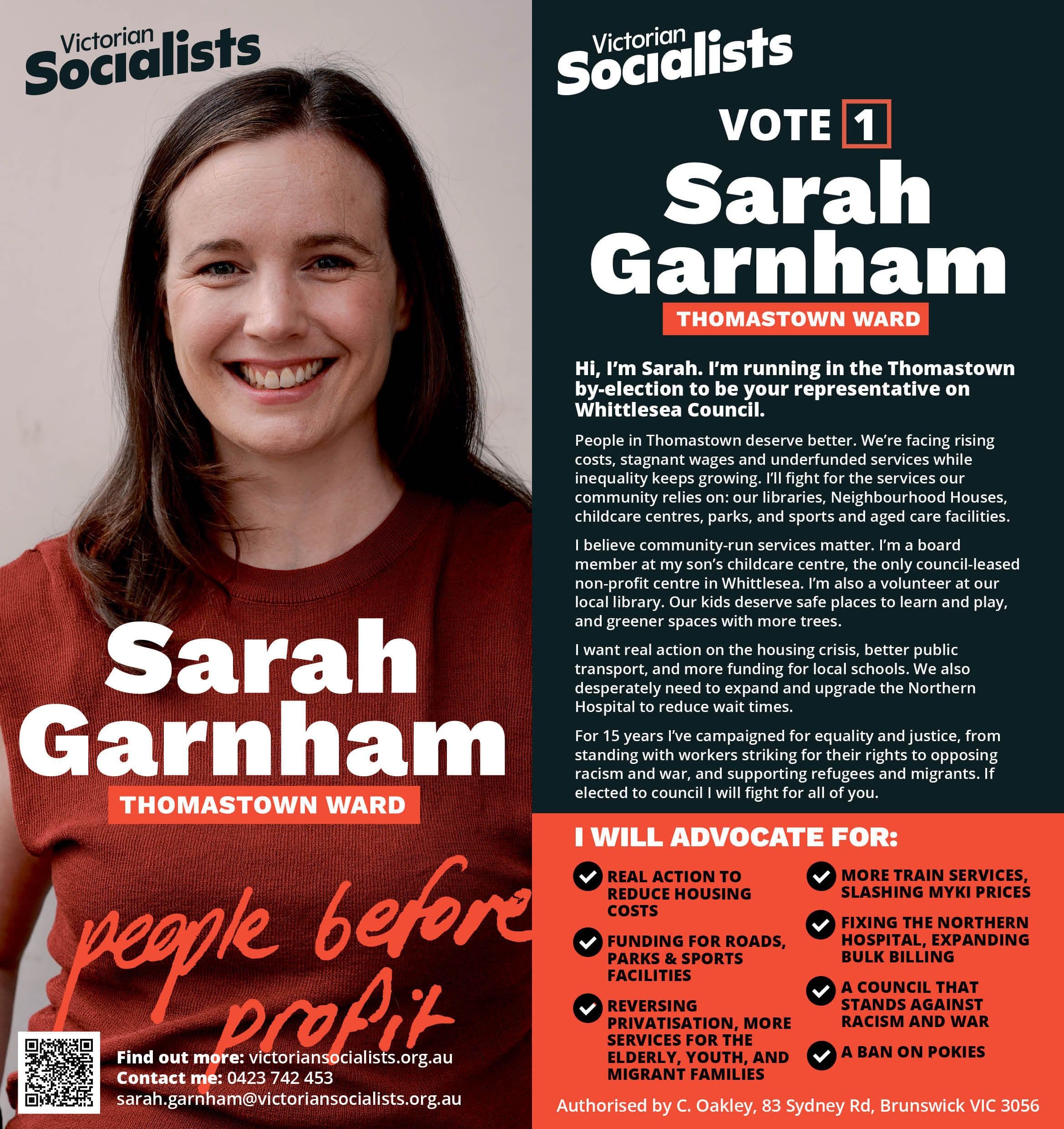 The front and back sides of a campaign leaflet for Sarah Garnham's Thomastown by-election campaign