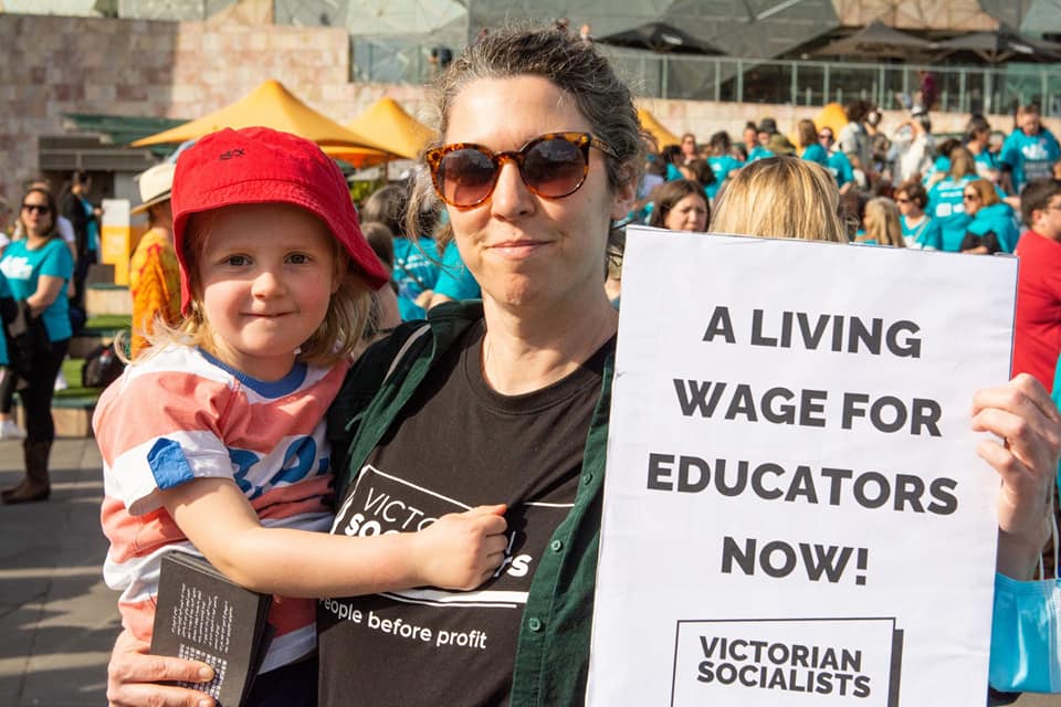 Victorian Socialists candidate for Preston Steph Price with her daughter at the rally